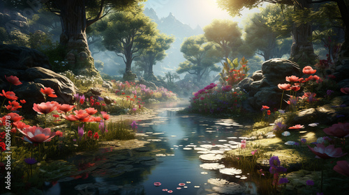 Fotografie, Obraz Fantasy landscape with a pond and red flowers ai generated