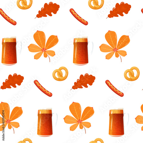 Pattern seamless oktoberfest beer, brezzel, sausage oak