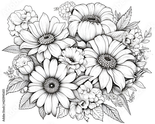 A drawing of a bouquet of flowers  Bouquet with hand drawn flowers and plants  Beautiful sketch flower on white background  generative Ai