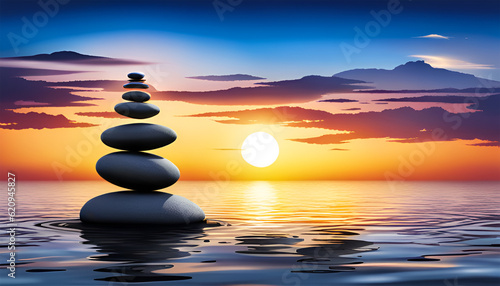 Zen stone in balance in peaceful landscape - Generative AI