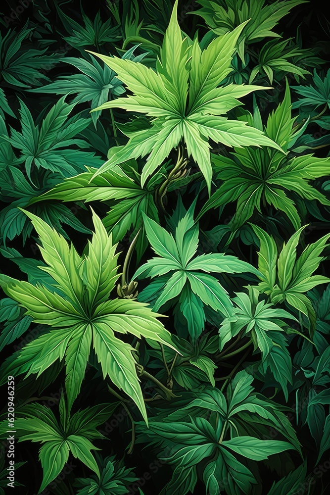 This image showcases numerous marijuana leaves creating a vibrant green background. (Illustration, Generative AI) This image showcases numerous marijuana leaves creating a vibrant green background. (Illustration, Generative AI)