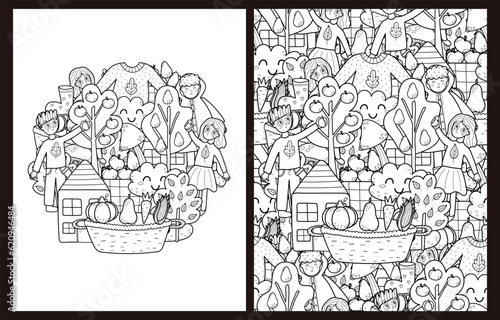 Doodle autumn clothes coloring pages set in US Letter format. Fall season background for coloring book. Vector illustration