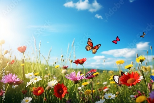 Field with flowers and butterflies 