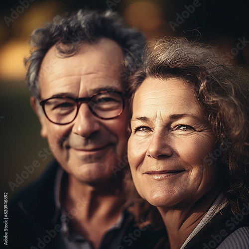 Love, smile and portrait of mature couple with bokeh on romantic evening celebration together. Date, retirement and face of happy man with senior woman in relationship or ai generated marriage