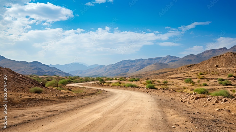 Arabian dirt road in Hajar mountains of Dubai. Scenic view of the beautiful and barren landscape with bright blue skies and white clouds. Generative AI