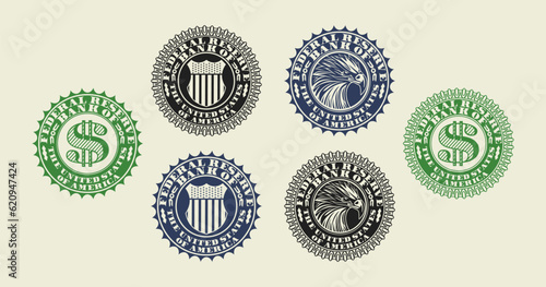 Vector set of fictitious financial colored seals. Dollar symbol, eagle head and shield with stars. US Federal Reserve Bank. Icon, sticker or emblem.