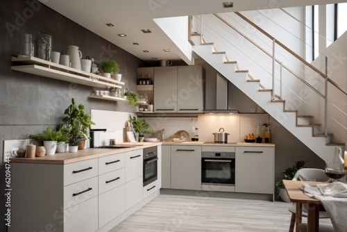 Small kitchen with modern Scandinavian or Scandi style with staircase.