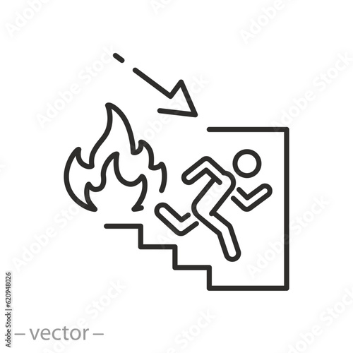 fire exit icon, direction of movement in case of fire, evacuation stairs, arrow down, thin line symbol - editable stroke vector illustration