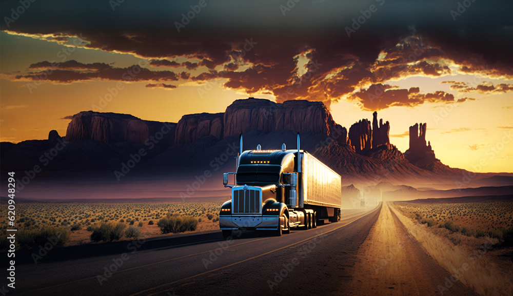 Big truck driving at night, delivery concept, Truck driving on the asphalt road in rural