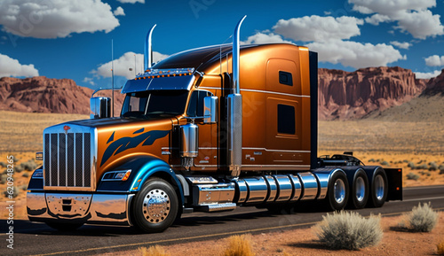 American Truck Simulator Kenworth, American style truck on freeway pulling load. Transportation theme. photo