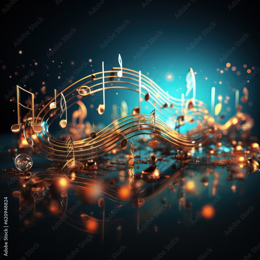 Obraz premium Music stave and treble clef colorful splash on black background with copy space