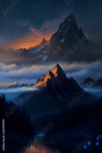 Nature landscape with mystical mountains and night cloudy sky