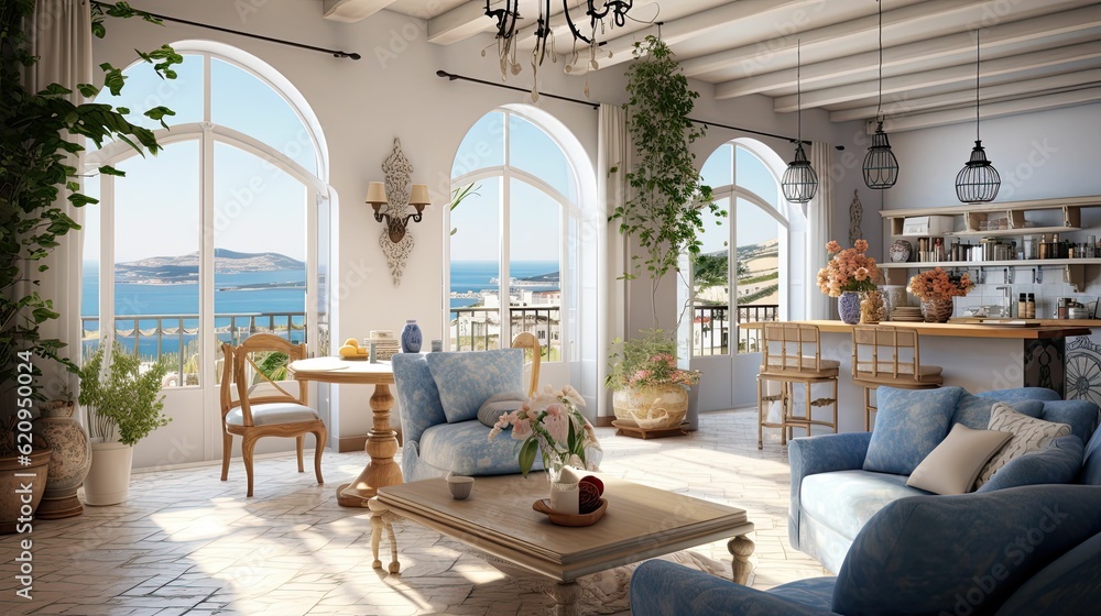 Mediterranean-inspired living room and dining room design space with modern furniture and indoor plants. Open plan, sea view, Generative AI