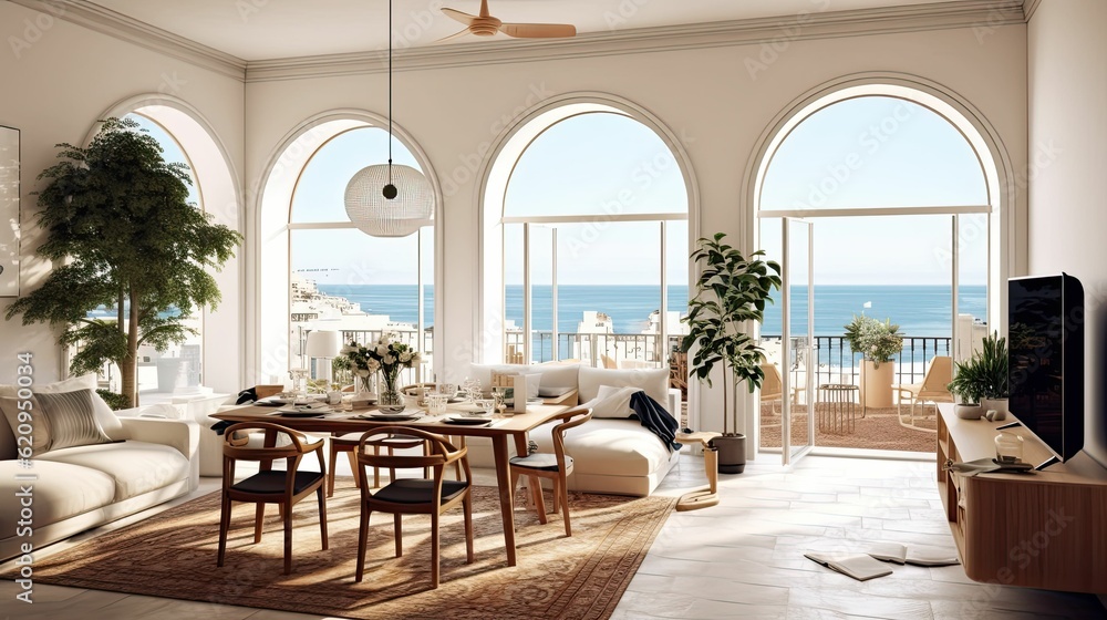 Obraz premium Mediterranean-inspired living room and dining room design space with modern furniture and indoor plants. Open plan, sea view, Generative AI