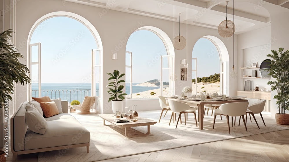 Fototapeta premium Mediterranean-inspired living room and dining room design space with modern furniture and indoor plants. Open plan, sea view, Generative AI