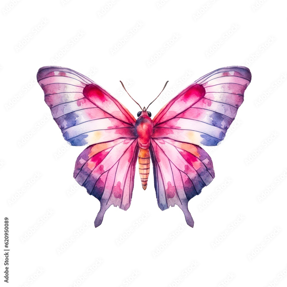 Beautiful pink butterfly isolated on white background in watercolor style. Generative AI. Beautiful pink butterfly isolated on white background in watercolor style. Generative AI.