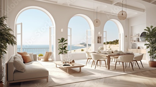 Mediterranean-inspired living room and dining room design space with modern furniture and indoor plants. Open plan, sea view, Generative AI