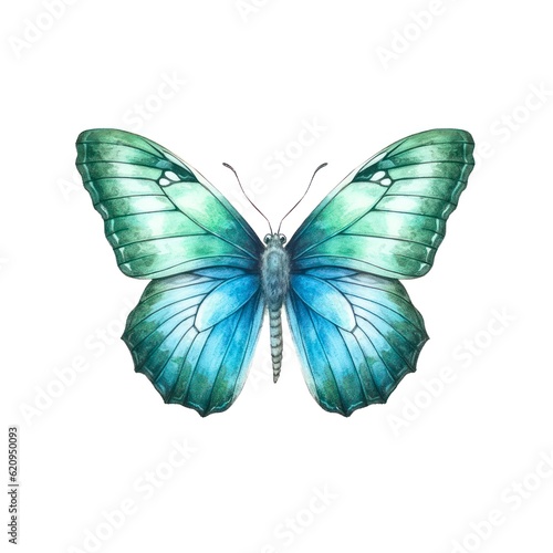 Beautiful blue butterfly isolated on white background in watercolor style. Generative AI.