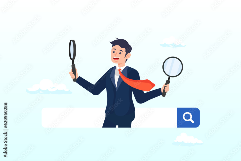 Businessman with magnifying glass discover new websites from search box, search, discover or research, SEO, search engine optimization, finding information, new job or explore websites (Vector) Businessman with magnifying glass discover new websites from search box, search, discover or research, SEO, search engine optimization, finding information, new job or explore websites (Vector)
