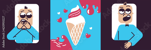 Popsicles in a waffle cone in cartoon graphic style. Favorite summer refreshing dessert. Emotion of indifference and delight. A refreshing treat for kids and adults. Design for advertising ice cream.
