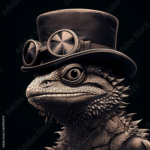 lizard wearing steampunk hat google glass Fototapet