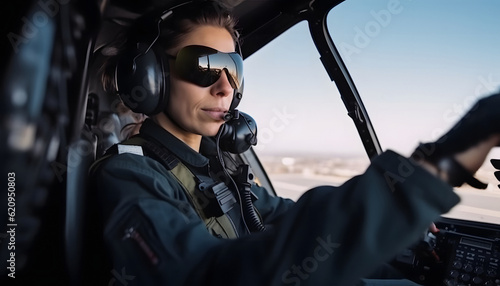 Woman pilot in the cockpit of a helicopter, Unusual profession, generated AI © perfectlab