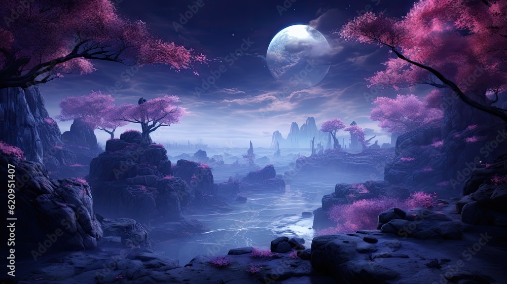 Fantasy landscape, blue and purple, mystery and wonder