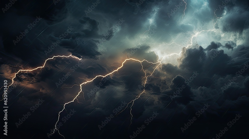 Vivid and electrifying lightning strikes piercing through a dark night sky filled with ominous black clouds, Halloween design. Vivid and electrifying lightning strikes piercing through a dark night sky filled with ominous black clouds, Halloween design.