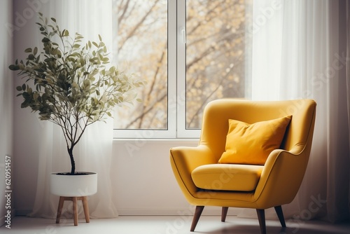 A yellow chair sitting in front of a window. AI