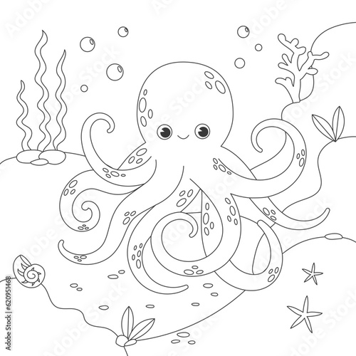 Childrens coloring book with octopus, seabed, seaweed. Simple funny kids drawing. Black lines, sketch on a white background. Vector stock illustration. life. Animals outline. Doodle style.
