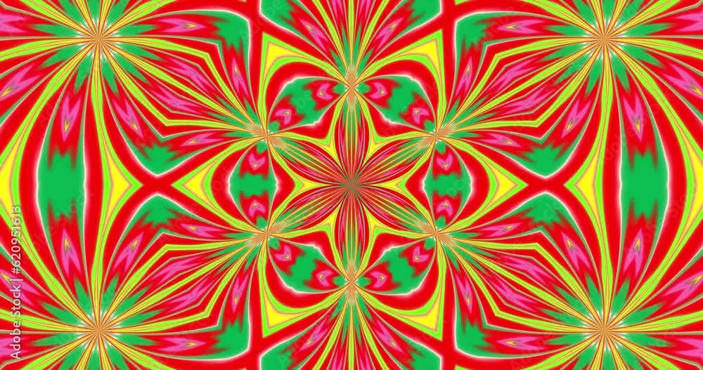 Glowing floral kaleidoscope of red, green and yellow rays. Animated background and club video. Endless cycle. A loop Glowing floral kaleidoscope of red, green and yellow rays. Animated background and club video. Endless cycle. A loop