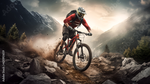 An adventurous mountain biker races down a rocky path.