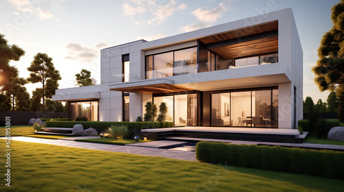 Modern house exterior daylight with lawn grass, Generative AI technology © WARIT_S