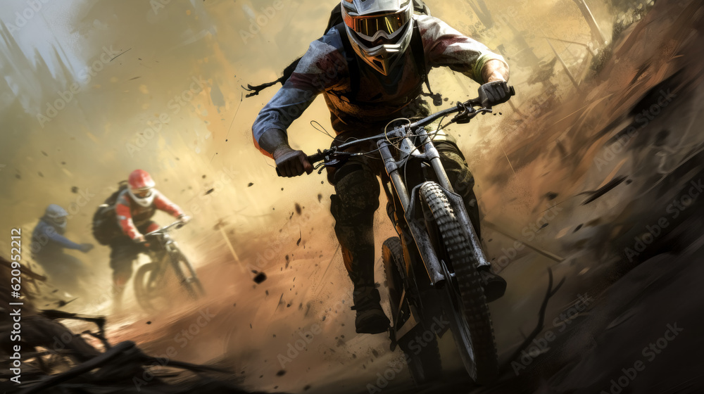 An intense mountain biker races ahead of the competition in a thrilling race.