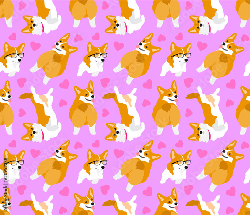 Corgi breed dog on a bright light pink background with hearts. Animal seamless pattern, vector illustration