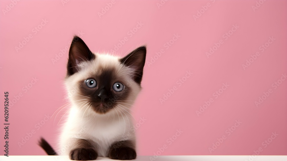 
Siamese kitten with blue eyes sits on a pink background with space for text. copy space. Generative AI.
