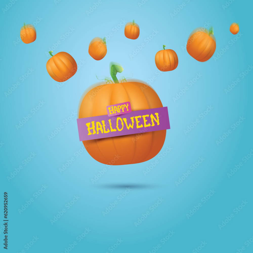 Happy Halloween creative greeting card or banner with realistic falling pumpkuns isolated on azure background . Funky kids Halloween banner or label with halloween text .