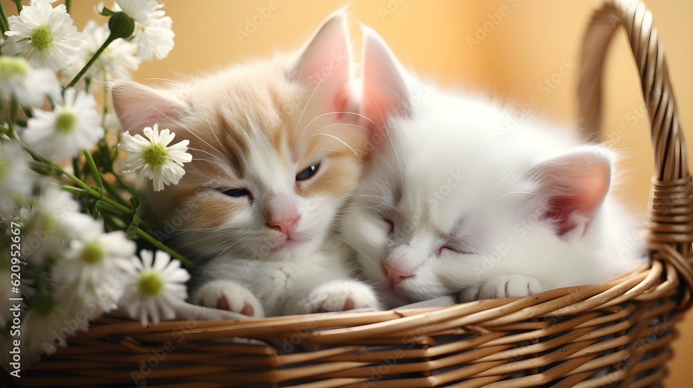Obraz premium Two cute little kittens in a basket with flowers, close-up. Generative AI.