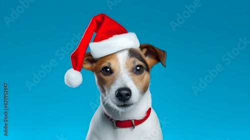 Jack russell terrier dog in santa hat on blue background. Generative AI. © Анастасия Козырева