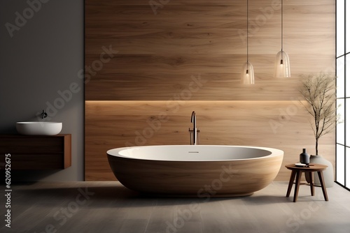 A bathroom with a large bathtub next to a book shelf. AI