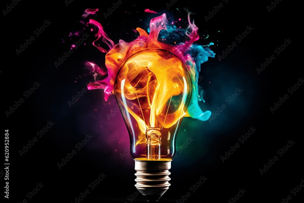 Creative light bulb explodes with colorful paint and colors. New idea, brainstorming concept Creative light bulb explodes with colorful paint and colors. New idea, brainstorming concept