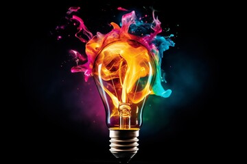 Creative light bulb explodes with colorful paint and colors. New idea, brainstorming concept