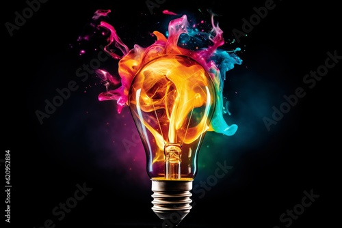 Tableau sur toile Creative light bulb explodes with colorful paint and colors