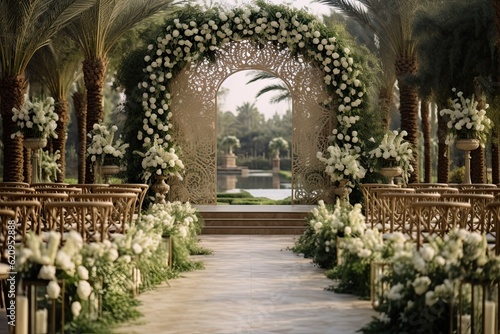 Wedding backdrop aesthetic flower decoration outdoor sunny aesthetic background AI Generated