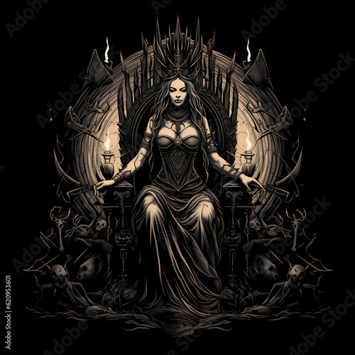 beautiful queen in throne and candles  tattoo illustration