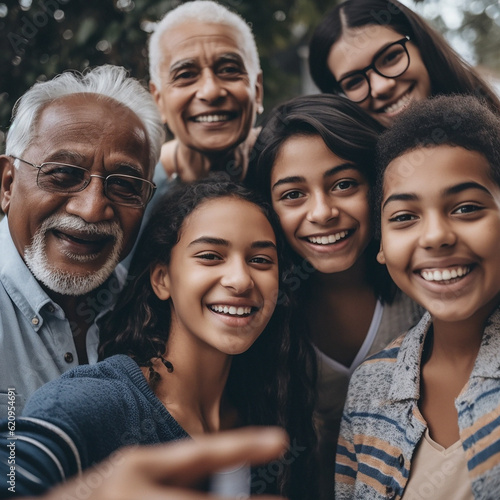 Selfie, love and family with smile, bonding in quality time with natural loving or happiness. Portrait, grandparents and children with joy on vacation with generations, happy and ai generated © YuriBot/Peopleimages - AI