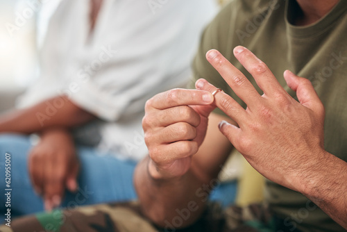 Hand closeup, ring and couple with a divorce, marriage problem or home crisis Fototapeta