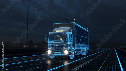 Technology Concept. Autonomic futuristic Euro semi truck with Cargo Trailer Drives at Night on Road with Sensors Scanning Surrounding. Special Effects of Self Driving Digitalizing Freeway