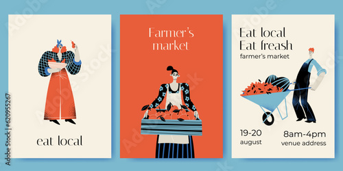 Farmers market invitation card set with funny characters in flat style. Man and women with fruits