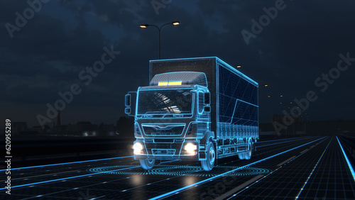 Technology Concept. Autonomic futuristic Euro semi truck with Cargo Trailer Drives at Night on Road with Sensors Scanning Surrounding. Special Effects of Self Driving Digitalizing Freeway